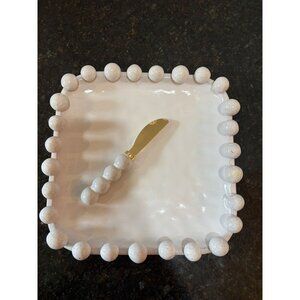 Mud Pie Beaded, 9" Ceramic Cheese Plate with Brass Spreader